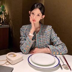 蓝色小香风外套女秋季高级感名媛千金重工编织粗花呢短款长袖上衣
