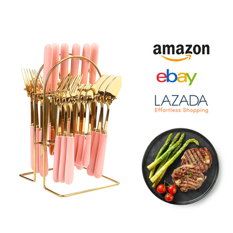 Amazon Tik Tok popular Luz de lujo de cerámica manejar cuatro piezas principales vajilla de acero inoxidable 24 piezas traje de cuchillos, tenedores y cucharas