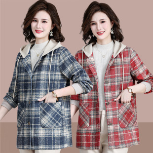 Trendy Autumn Shirt Jacket for Middle-Aged Women, Mid-Length Hooded Trench Coat, Casual Plaid Jacket for Middle-Aged Women