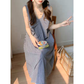 2025夏季韩版睡衣格纹设计感前后两穿无袖背心家居服睡裙女