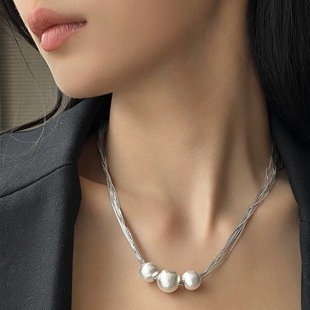 European and american cross-border S925 sterling silver brushed cat eye bead necklace women's multi-layer winding snake bone chain niche light luxury sweater chain