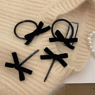 Korean black velvet bow hairpin hairband autumn and winter retro side clip bangs clip simple rubber band hair rope