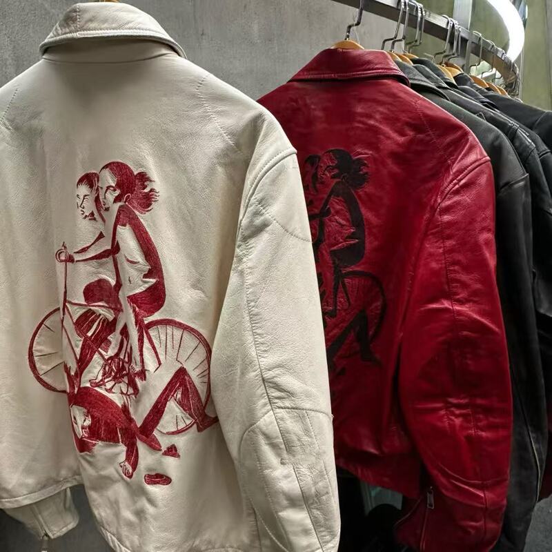 /(Exclusive) Erd 25Ss Melancholic Rich Second Generation Red Embroidered "Bicycle" Leather Jacket for Men and Women
