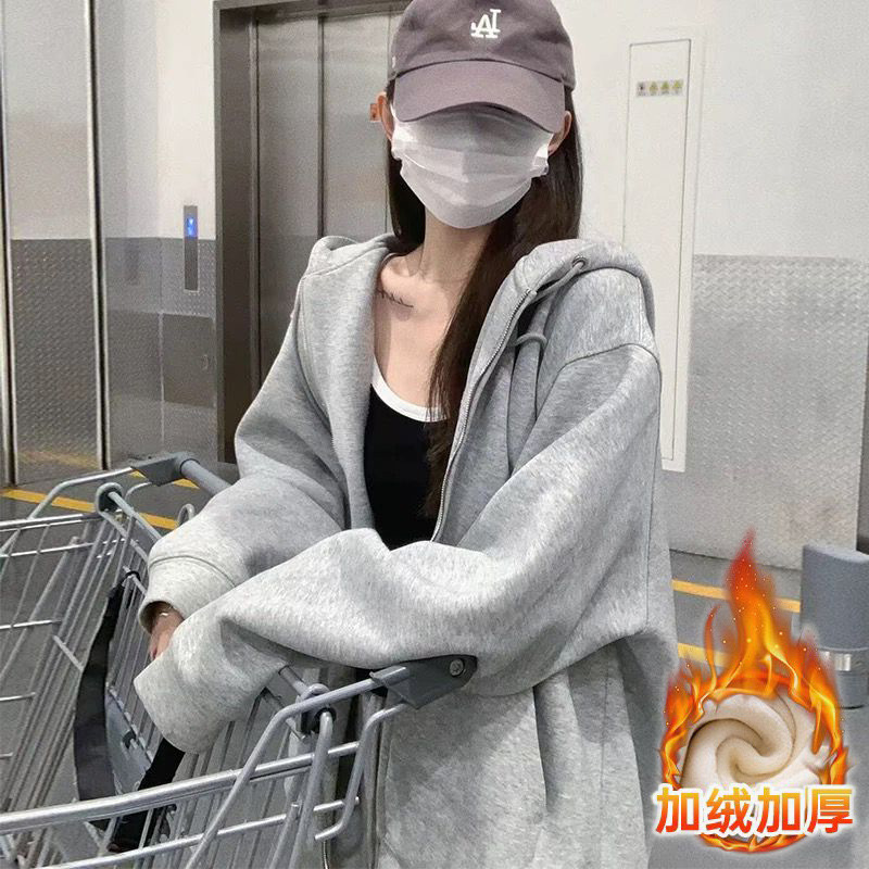 Women's Zipper Sweatshirt Jacket, Fleece-lined, Thickened, Autumn and Winter Hooded Cardigan, New Style, Plus Size, Loose Fit, Versatile Top, Trendy