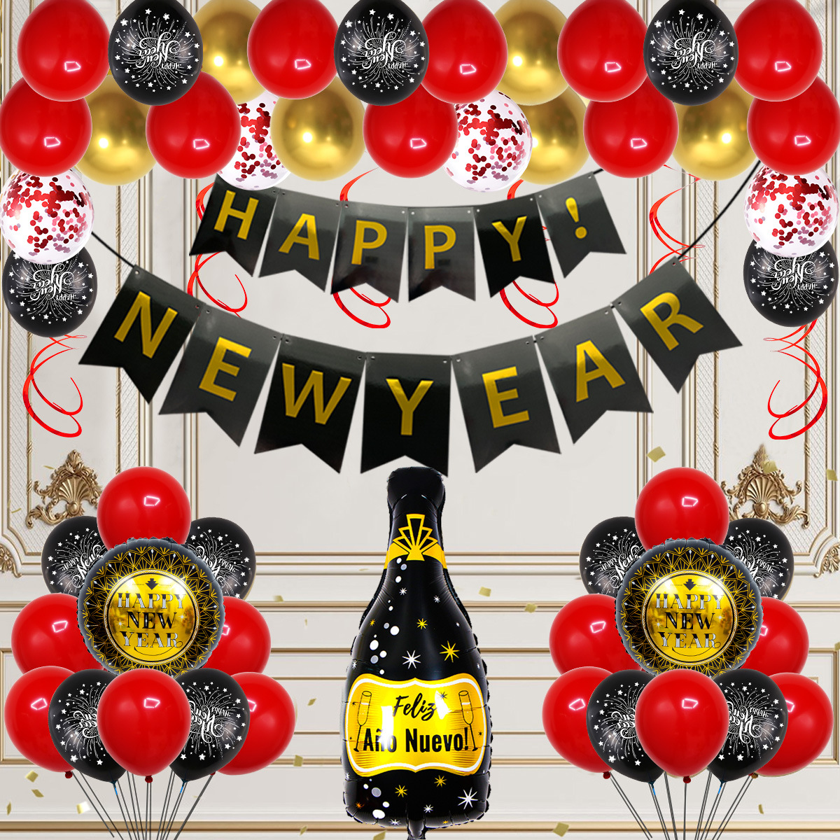 Traje de cadena de globos de Año Nuevo transfronterizo decoración de vacaciones diseño de ambiente feliz año nuevo Bandera de Año Nuevo