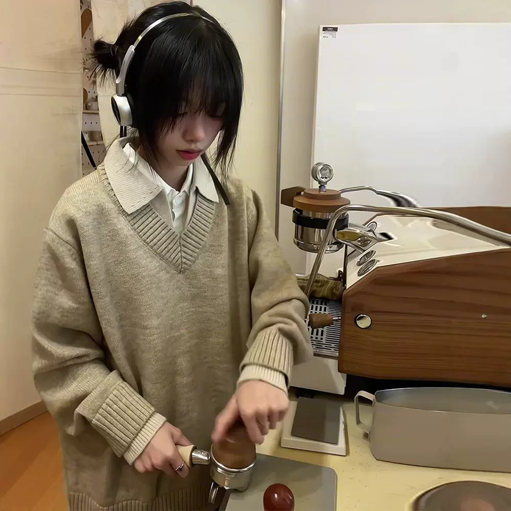 美式复古假两件v领毛衣男款冬季翻领老钱风针织衫上衣慵懒风外套