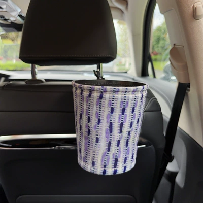 Car-mounted tissue box and trash bin: Car tissue box/set - purple-fabric-trash-can-clip-on-style