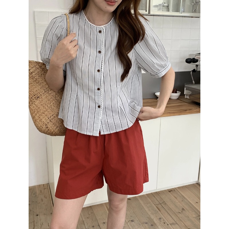 3Th Morning Madrid Fantasy Korean-Style Vertical Striped Lace Round Neck Short-Sleeved Shirt Zy4232 3Th Morning Madrid Fantasy Korean-Style Vertical Striped Lace Round Neck Short-Sleeved Shirt Zy4232