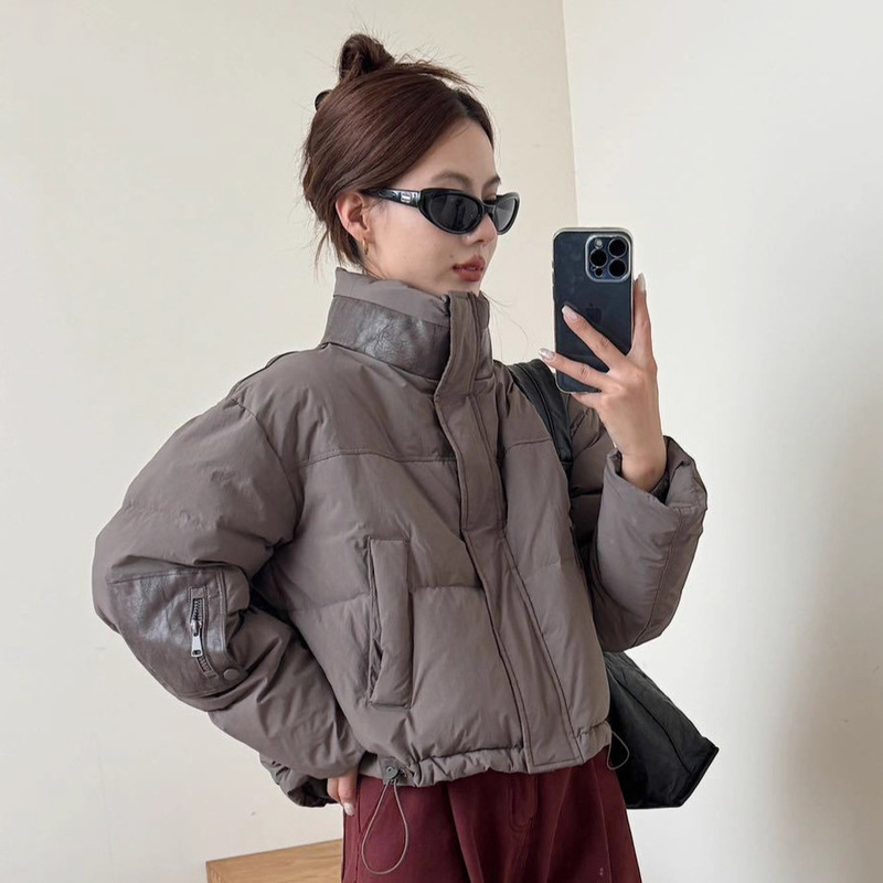 PU皮拼短款轻薄羽绒服女2025新款立领韩版时尚保暖90白鸭绒外套潮|undefined