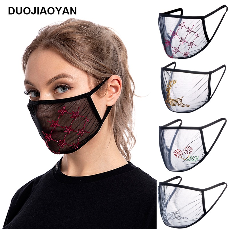跨境欧美网纱彩色水钻麋鹿五角星口罩 透气挂耳式可水洗网纱口罩|ms