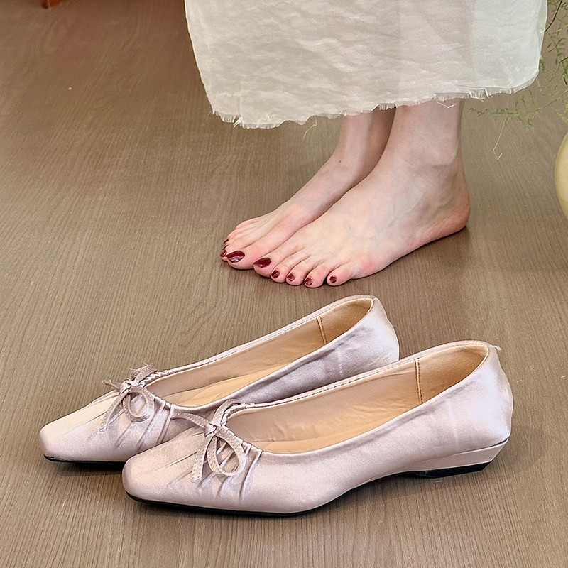 Lanci Edition~French-Style Satin Square-Toe Ruched Shallow-Mouth Single Shoes for Women, 2026 New Model, Bowknot Wedge Mary Jane Shoes