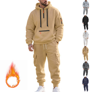 Cross-Border Foreign Trade Winter Large Size American Heavyweight Plus Velvet Loose Men's Casual Sports Multi-Pocket Workwear Suit for Men