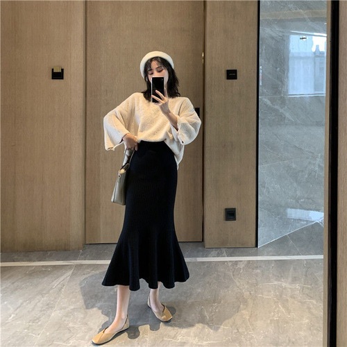 Sexy high-waist spring and autumn new slim fit knitted fishtail hip skirt ruffled solid color mid-length skirt for women