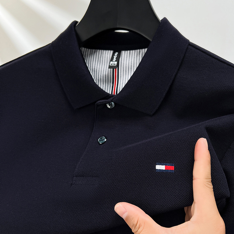 アメリカ正規品トミー夏メンズ100% 綿半袖ポロシャツ刺繍折り襟純色重ポンド半袖tシャツ|undefined