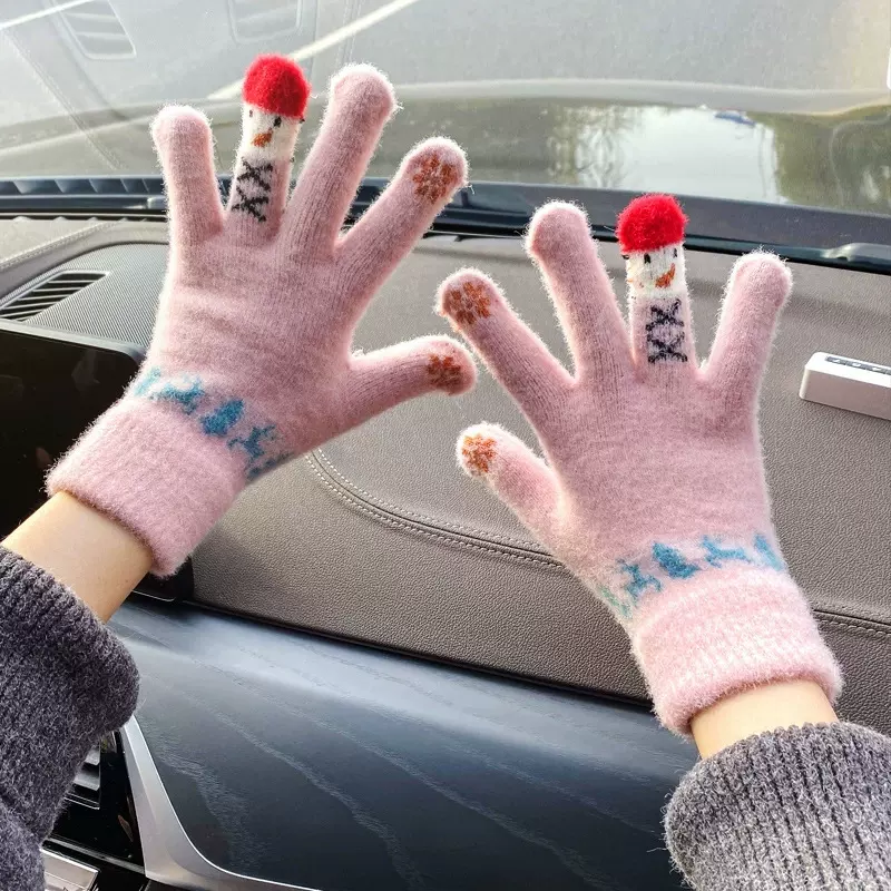 冬季毛线手套可爱雪人针织可触屏学生写字手套加绒保暖骑行手套