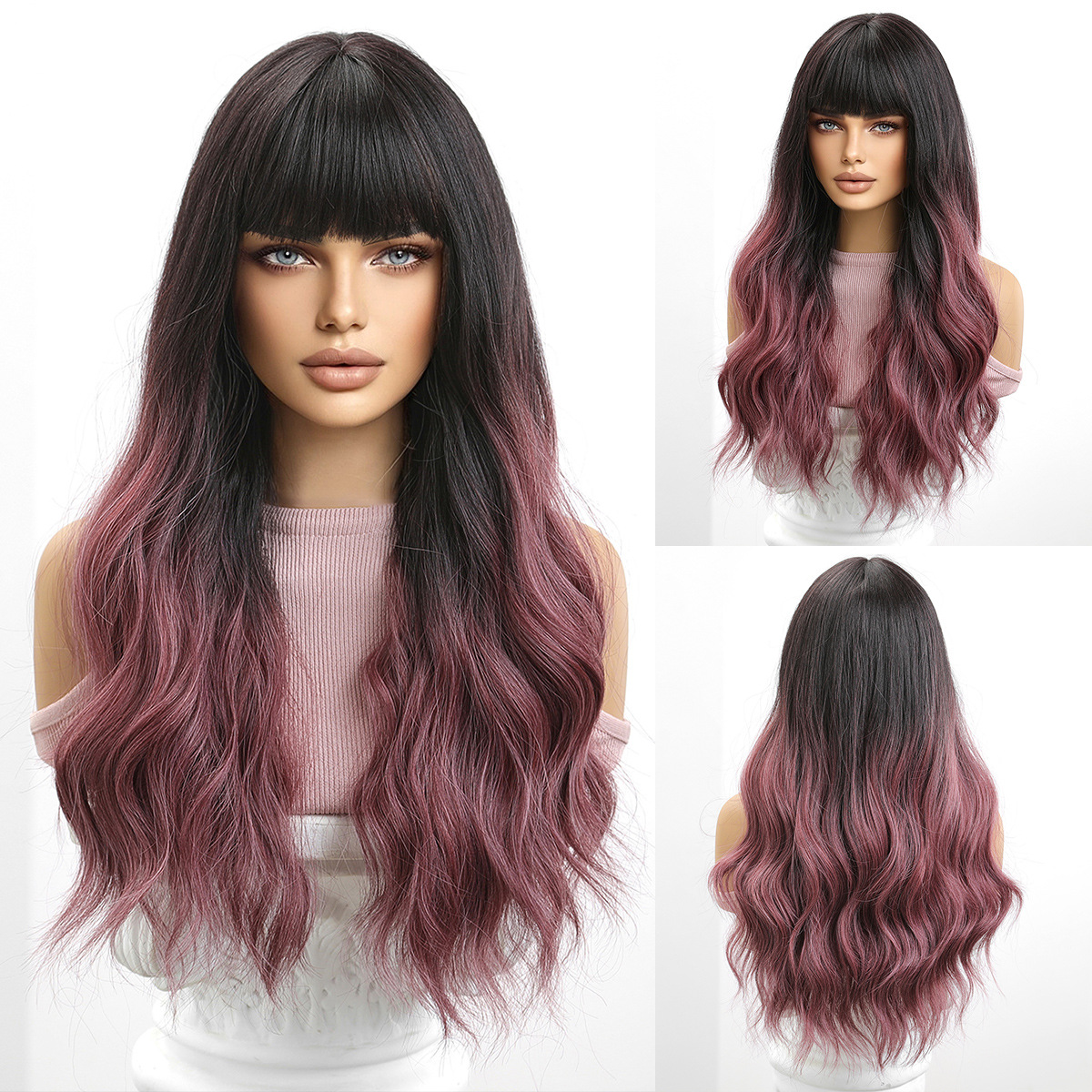 Peluca europea y americana, pelo largo femenino, grandes olas, flequillo de aire, gradiente azul, cubierta completa, seda mate de alta temperatura, wigs