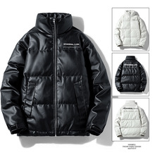 90白鸭绒PU皮男装潮牌加厚羽绒服字母立领情侣男士冬季外套男