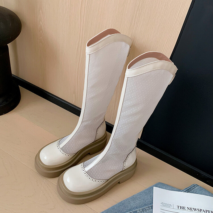 Boot lưới da thật cổ cao mũi tròn đế dày phối màu thoáng khí mùa hè — Màu đen cổ ống lớn, Ống nhỏ màu đen, Chu vi ống lớn màu trắng Be, Ống nhỏ màu be chi tiết 11
