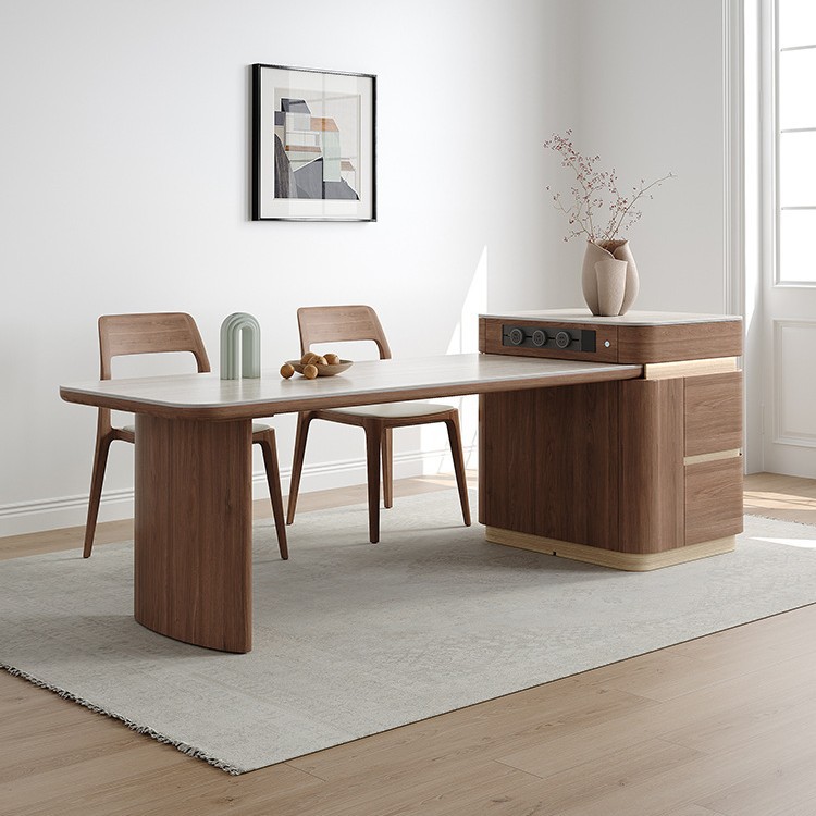 Mesa de mesa de mesa de mesa de la isla, una placa de roca de travertino, grano de madera de nogal negro, sensación de alta calidad, lujo ligero, armario de almacenamiento retráctil para el hogar contra la pared