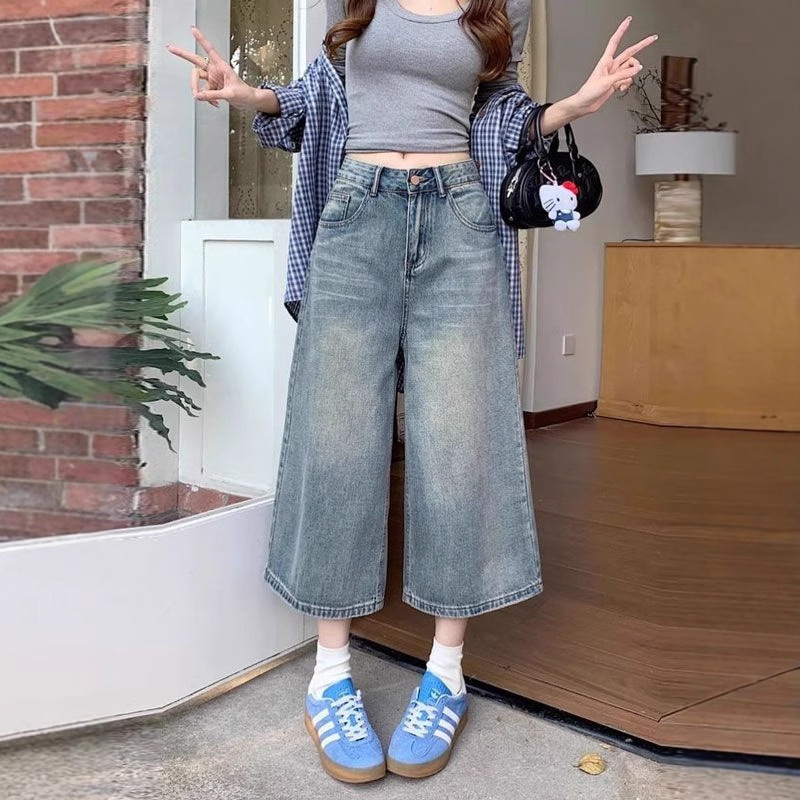 Vintage Washed Cropped Jeans for Women, Summer Petite High-Waisted Slimming Straight Wide-Leg Pants, Mid-Length Cropped Pants