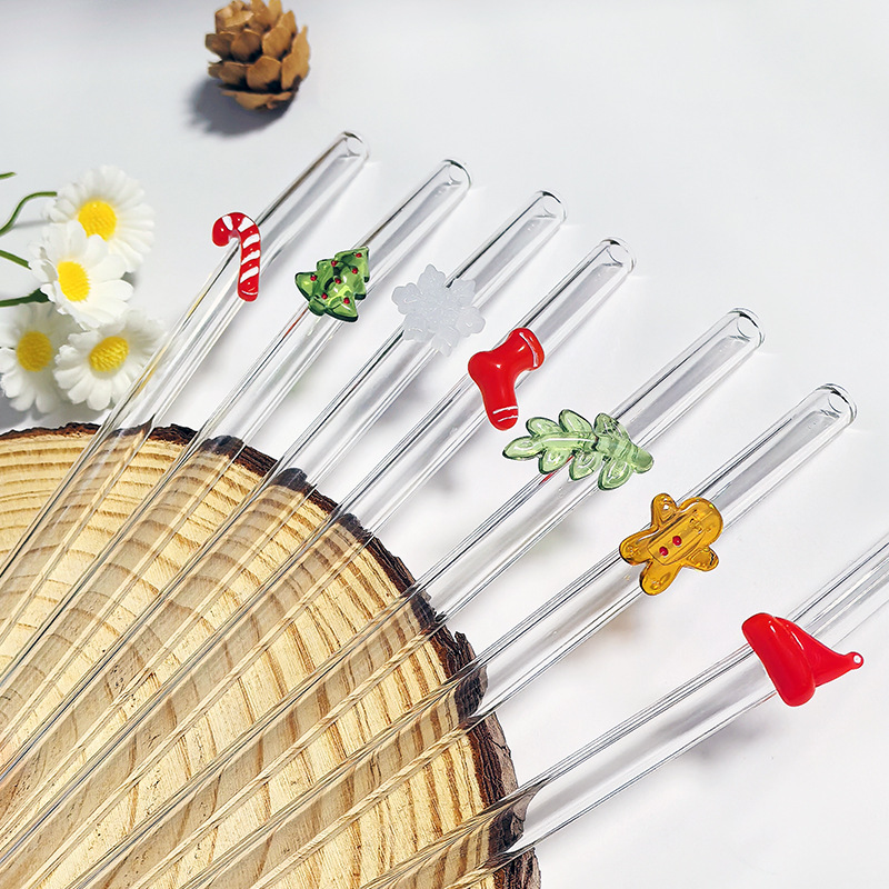 Pajita de vidrio de Navidad, borosilicato, árbol de Navidad creativo, hombre de pan de jengibre, bastón, codo, nuevo conjunto de existencias de fábrica