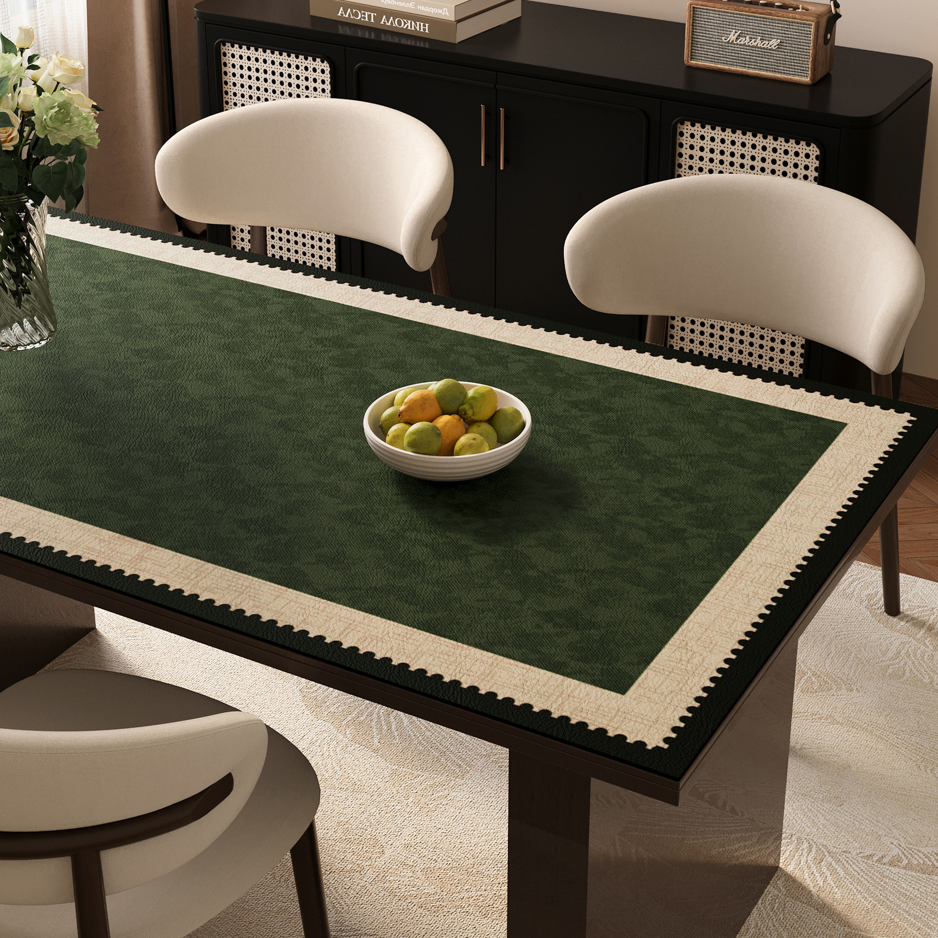 High-End Mid-Century Style Table Mat, Waterproof and Oil-Proof, No-Wash Tablecloth, Retro Green Coffee Table Desktop Protection Mat, Table Mat