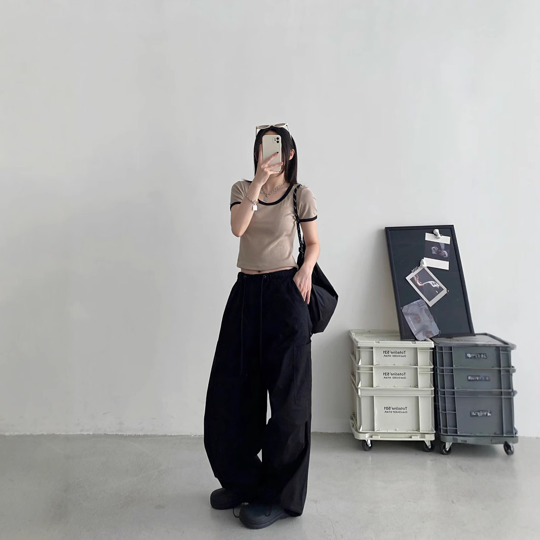 White High Street Slim Loose Wide Leg Overalls Women's 2025 Summer New Hip Hop Drawstring Casual Pants