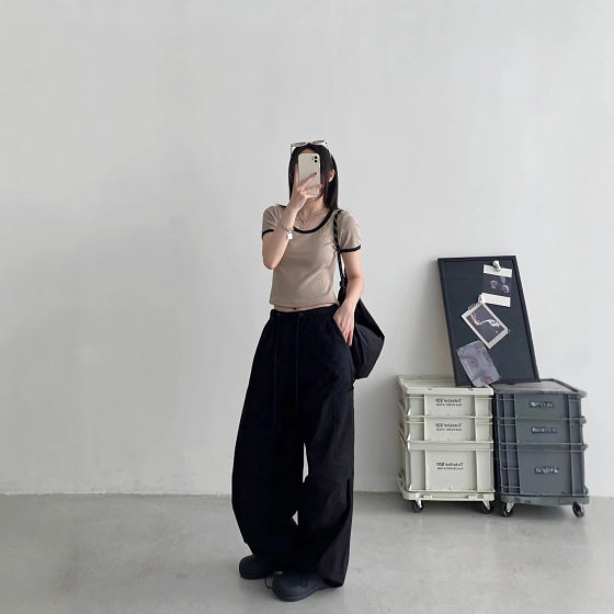 White High Street Slim Loose Wide Leg Overalls Women's 2025 Summer New Hip Hop Drawstring Casual Pants