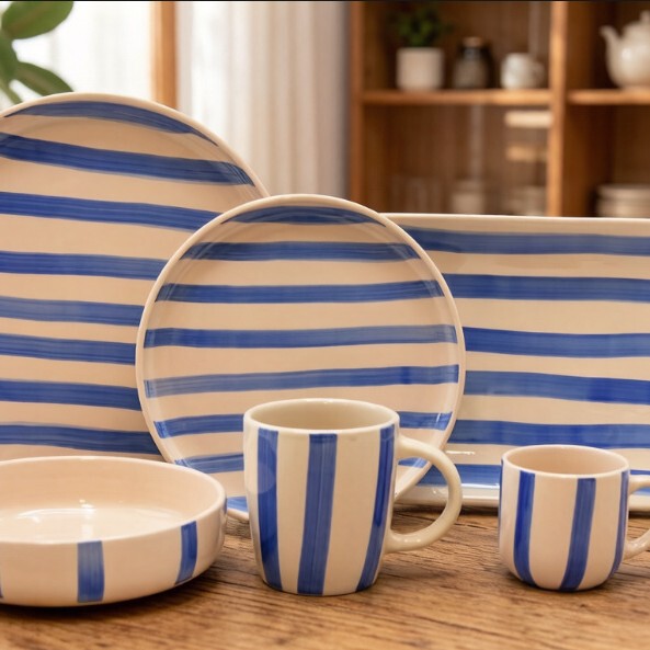 Hand-Painted Striped Colorful Ceramic Dinnerware Set, Underglaze Color Household Bowls, Plates, and Cups, Wholesale Tableware for Restaurants and Hotels