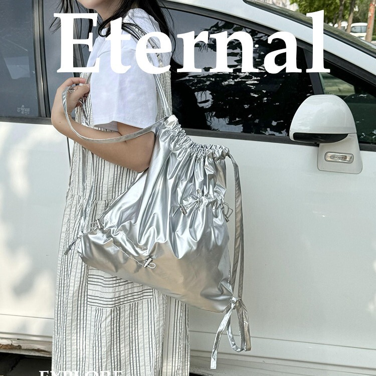 South Korea Niche Drawstring Bag silver Layer Ins Blogger Same Style Cloth Bag Bag Large Capacity Bucket Bag Backpack