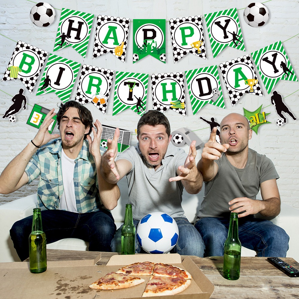Transfronteriza fútbol tema fiesta de cumpleaños decoración traje fútbol cumpleaños bandera pastel decoración tarjeta inserción