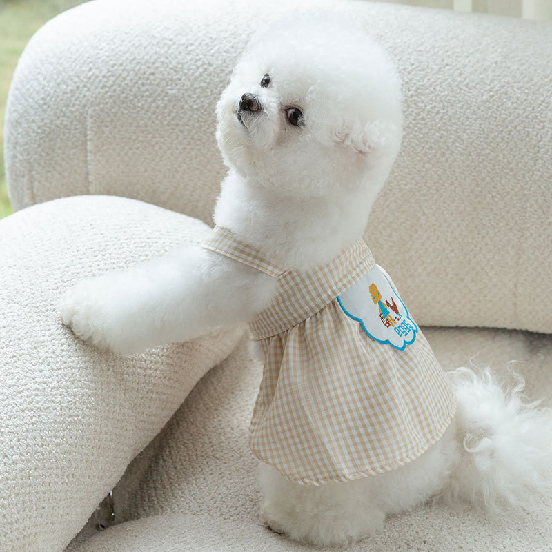 Vestido de perro de verano, tablero de ajedrez, bordado, falda de tirantes de gato, perro pequeño de tamaño mediano, ropa fina para mascotas al por mayor