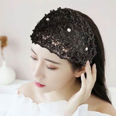 Cross-border Beaded Hair Band Women's Hollow Breathable White Hair Covering Lace Wide-brimmed Headgear Pressing Hair Tape Headband Hair Protecting