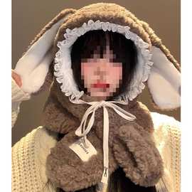 秋冬季加厚防寒保暖可爱兔耳朵毛绒帽子围巾一体女骑行护耳雷锋帽