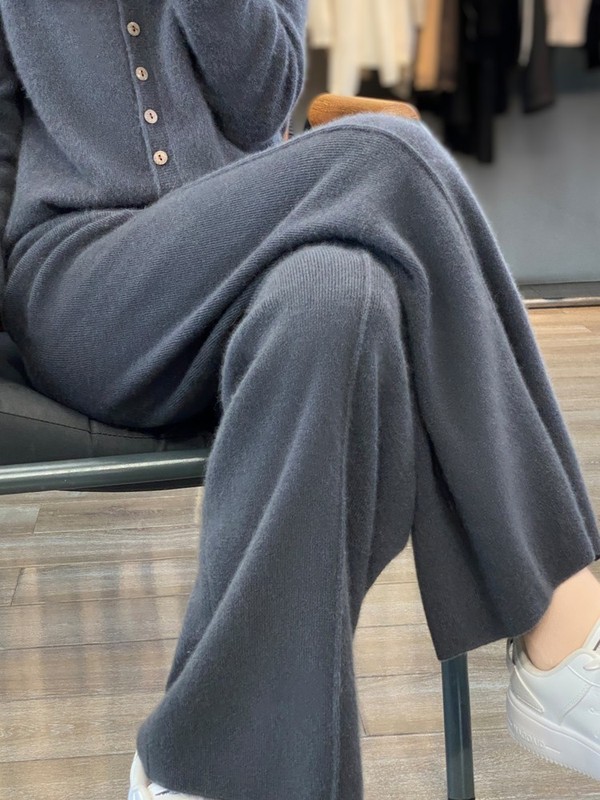 纯羊毛针织裤女阔腿裤秋冬加厚休闲长裤高腰外穿直筒裤子|undefined