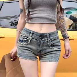 美式辣妹柳钉牛仔裤低腰短裤女夏季显瘦紧身包臀热裤性感超短裤子