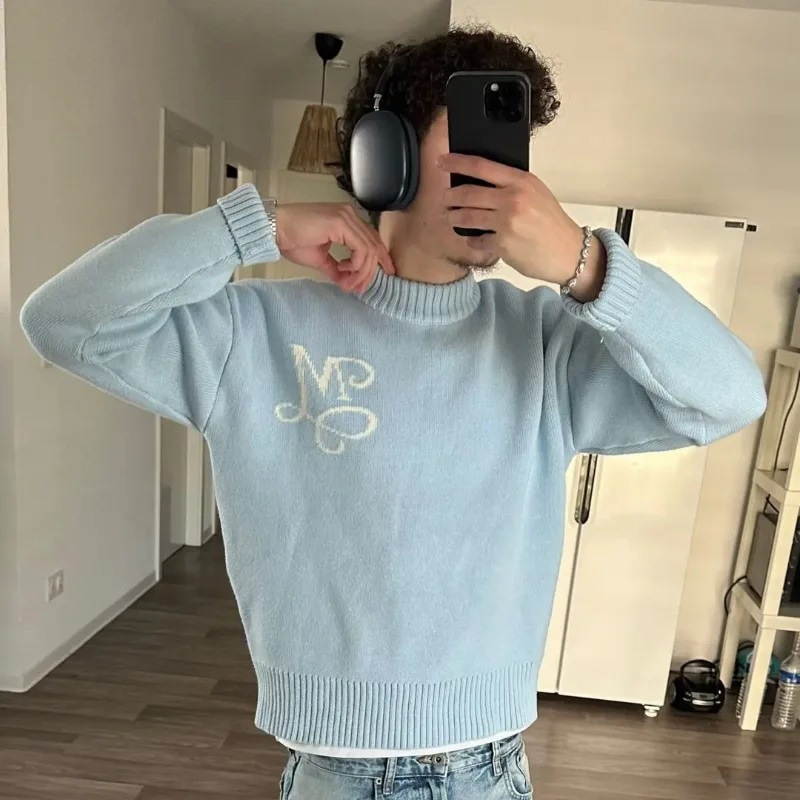 New American-Style Trendy Street Knit Jacquard Letter Crochet Top Long-Sleeve Unisex Loose Warm Versatile Sweater