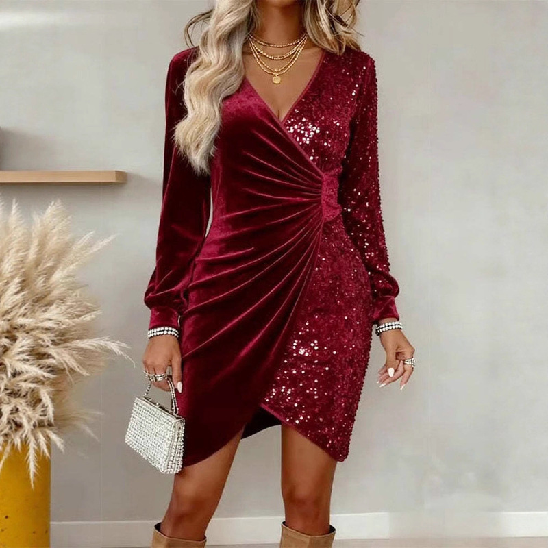 2025 European and American Cross-Border Amazon Independent Site New Sexy and Fashionable V-Neck Sequined Velvet Slim-Fit Dress 2025 European and American Cross-Border Amazon Independent Site New Sexy and Fashionable V-Neck Sequined Velvet Slim-Fit Dress