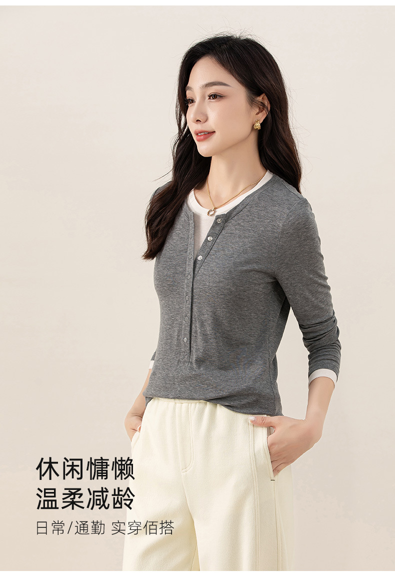 Áo thun giả hai mảnh nữ cổ tròn, chất len Tencel mỏng nhẹ, phối màu patchwork — đen chi tiết 20