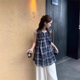 日系复古设计感格子圆领衬衫女夏季新款宽松无袖休闲娃娃衫上衣