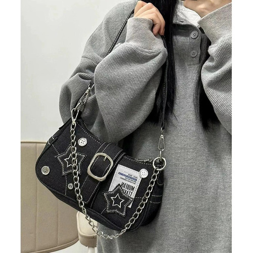 y2k New Stars Denim Armpit Bag Retro Patchwork Fashion Large Capacity Chain Shoulder Bag Women 