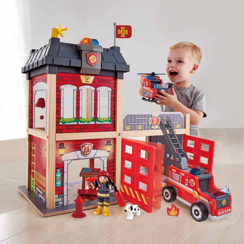 City Fire Station Equipment Full Set Ambulance Team Children's Educational Toy Car Wooden Building Blocks Role-Playing Oumeng