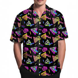跨境夏季夏威夷度假休闲3D高清数码印花男士透气短袖翻领衬衫