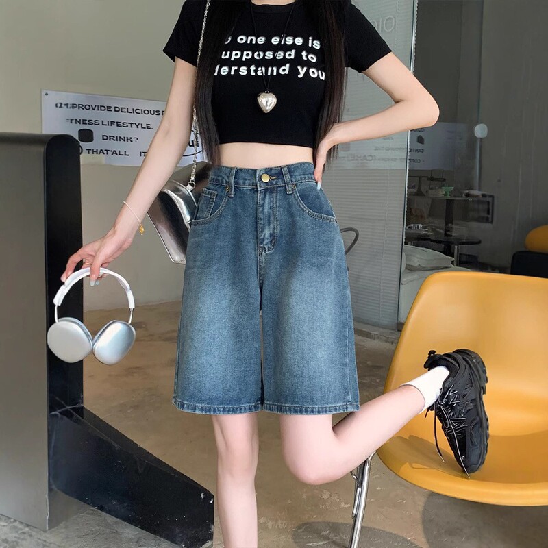Women's Denim Shorts 2025 Summer Thin High-Waisted Loose Slimming Wide-Leg Straight Mid-Length Shorts