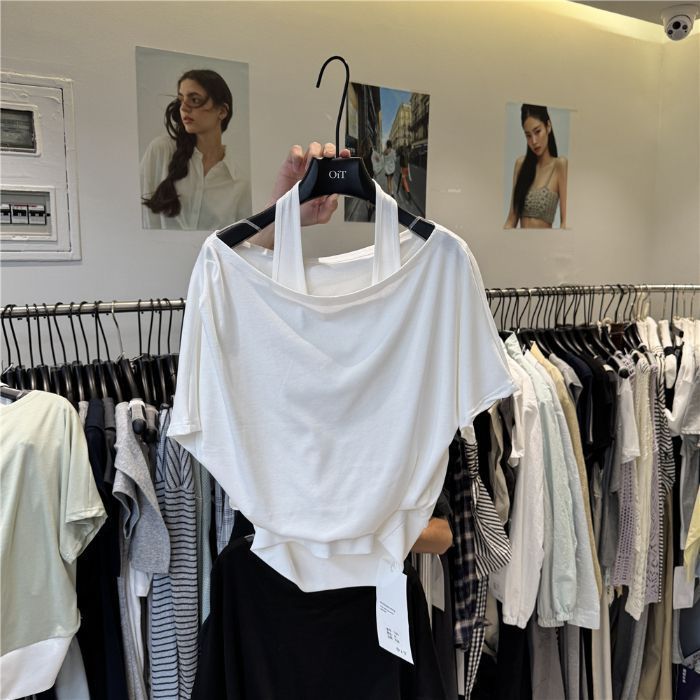 夏レトロアメリカングレーホルターネックフェイクツーピース半袖Tシャツレディース夏カジュアルルーズ万能オフショルダートップ|undefined