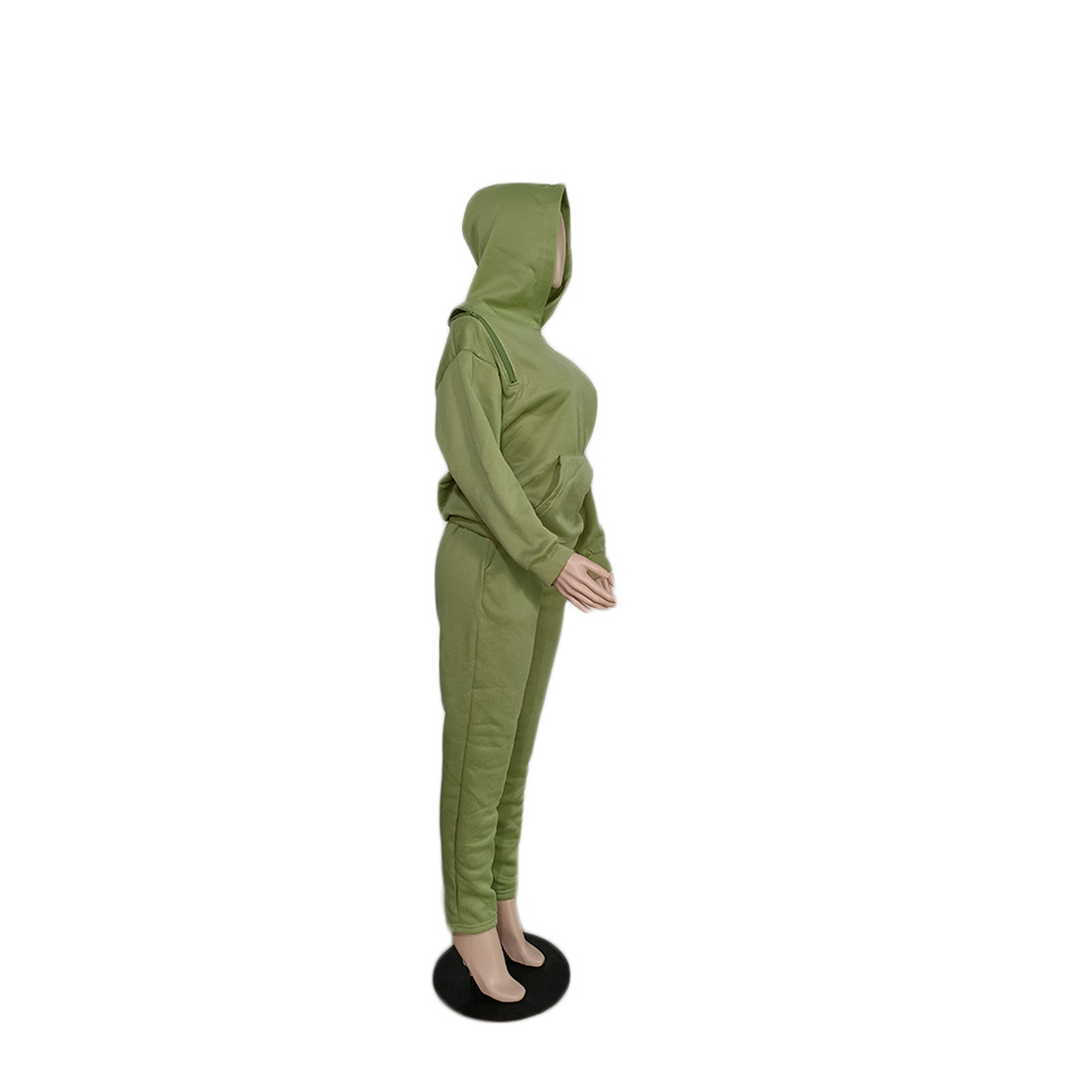 Plus Size Hooded Sweatshirt Set With Back Zipper - Soft Fleece Long Sleeve Pullover & Pants, Olive Green, Urban Casual Outfit For Women_ecoleips.com