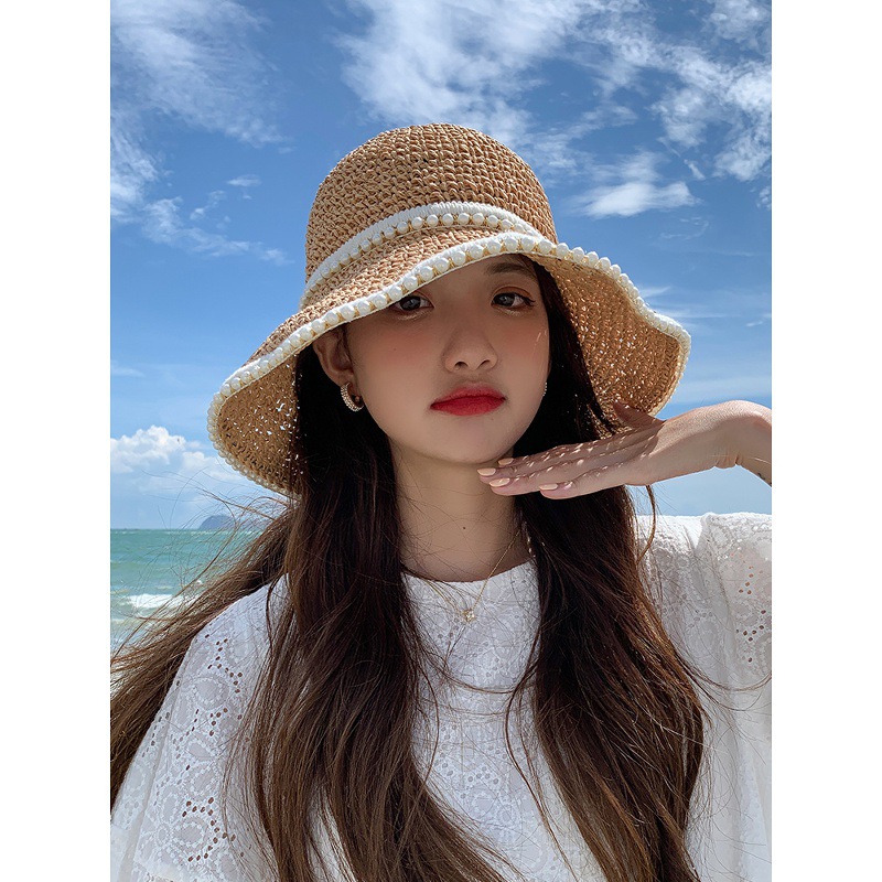Hepburn Style Straw Sun Hat For Women Pearl Woven Beach Visor_voghion.com