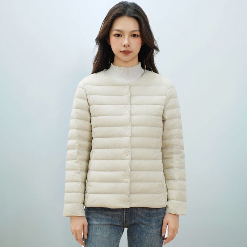 Pinghu Chi New Women's New National Standard 90 Velvet New Pure Color Women's Round Neck V Neck Simple Long-Sleeved down Jacket