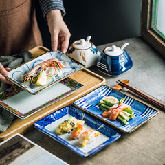 日式復古陶瓷壽司盤子餐廳酒店創意沙拉盤長方形料理餐具宮廷餐盤
