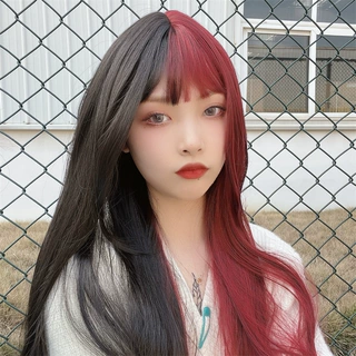 现货假发女双拼阴阳头cos wigs长直发空气刘海万圣节道具假发头套